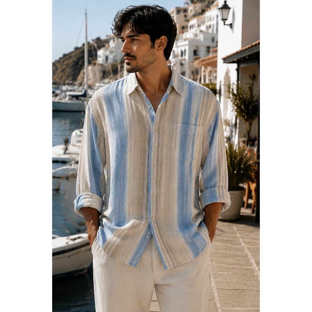 Caribbean Linen Blend Coastal Stripe Button Up Shirt XL